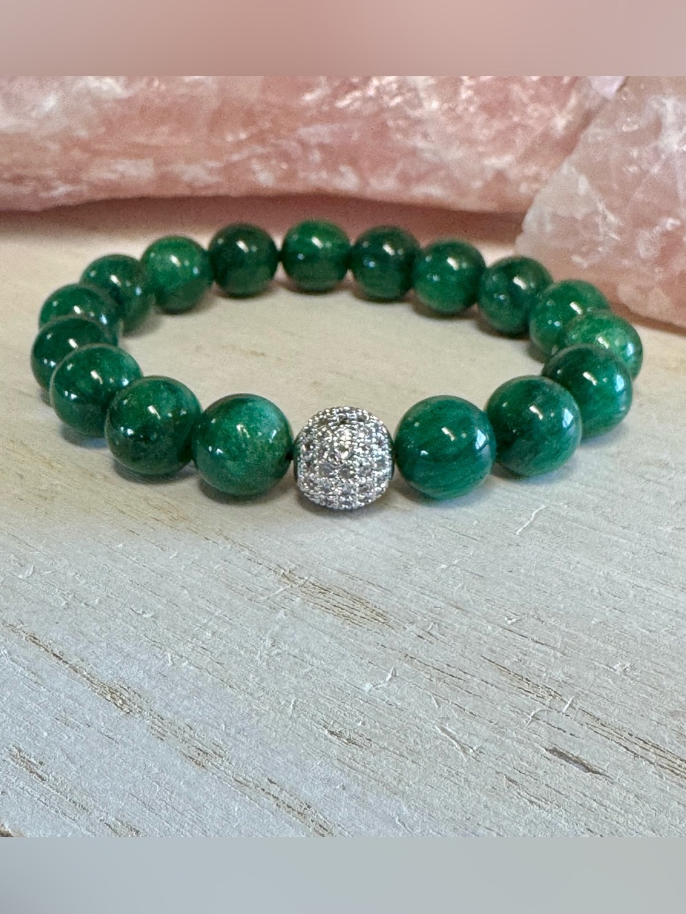 Green Lepidolite Mica Beaded Stretch Bracelet with Pave Cubic Zirconia Focal